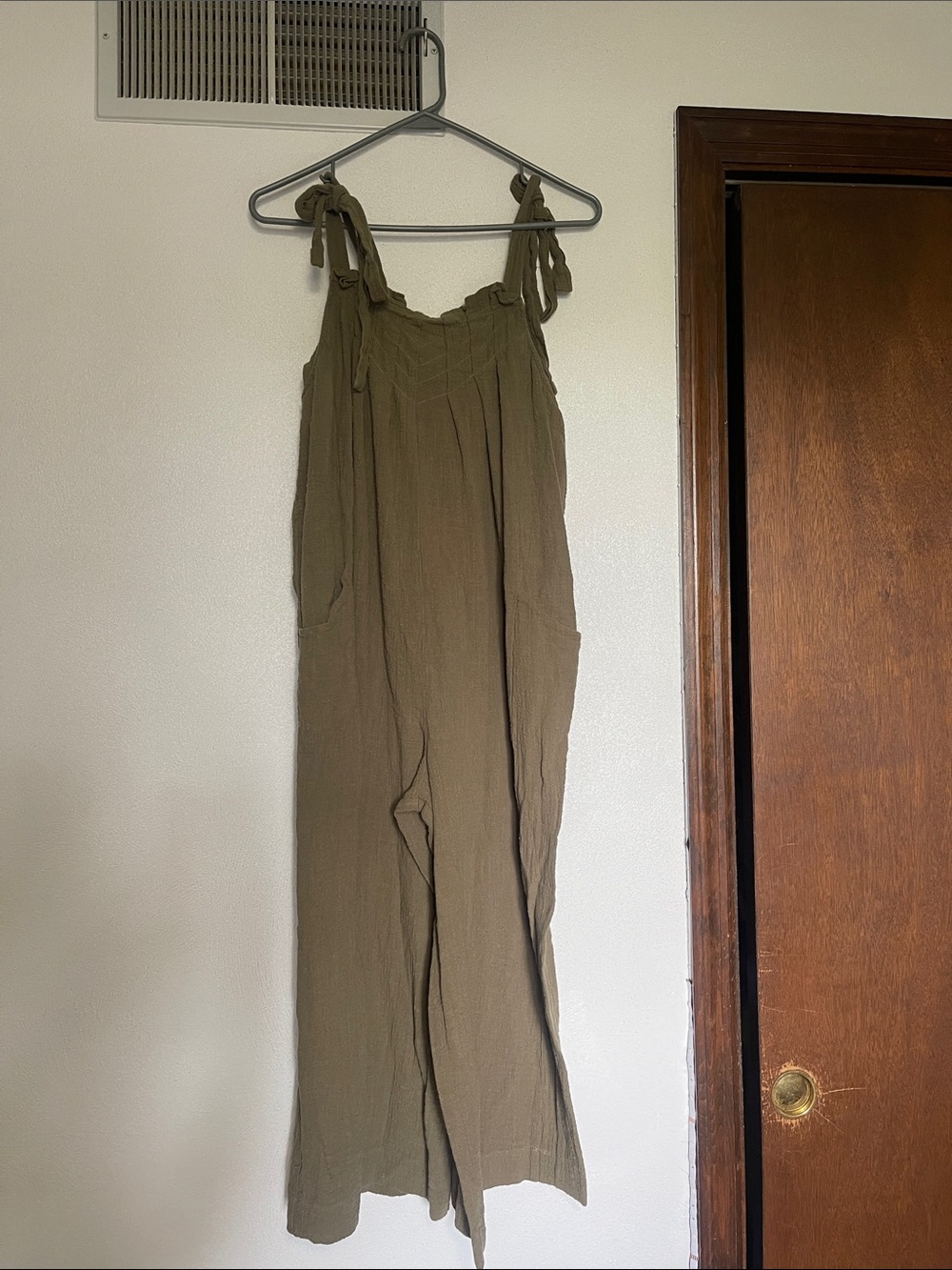Tie-Shoulder Wide-Leg Jumpsuit in Olive Green